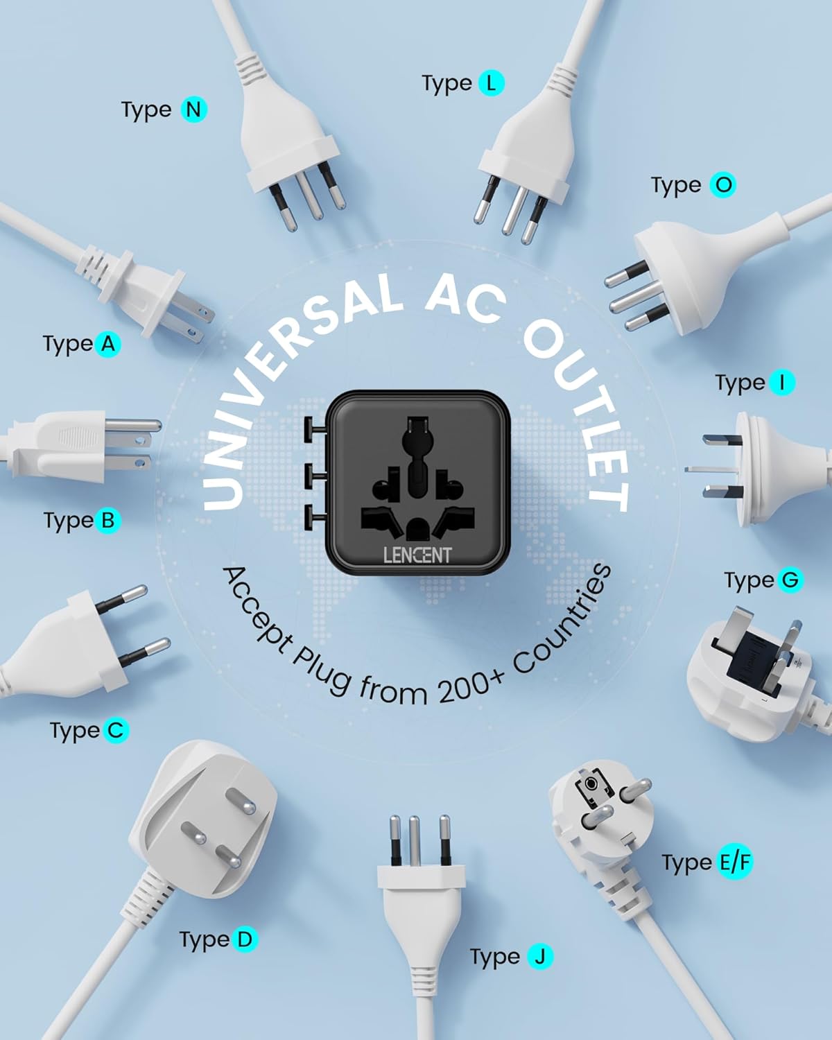 LENCENT Universal Travel Plug Adapter,International Power Adaptor with Dual AC Outlet, Worldwide Wall Charger for US to Europe UK Iceland Spain Italy France Australia(Type C/G/A/I),Black - Image 4