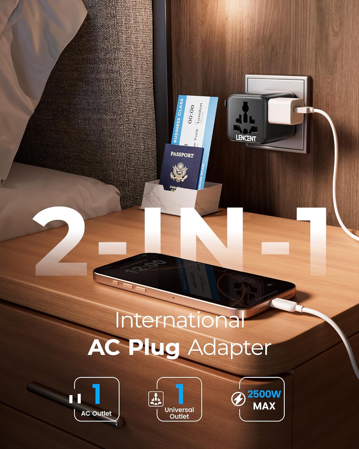 LENCENT Universal Travel Plug Adapter,International Power Adaptor with Dual AC Outlet, Worldwide Wall Charger for US to Europe UK Iceland Spain Italy France Australia(Type C/G/A/I),Black - Image 5