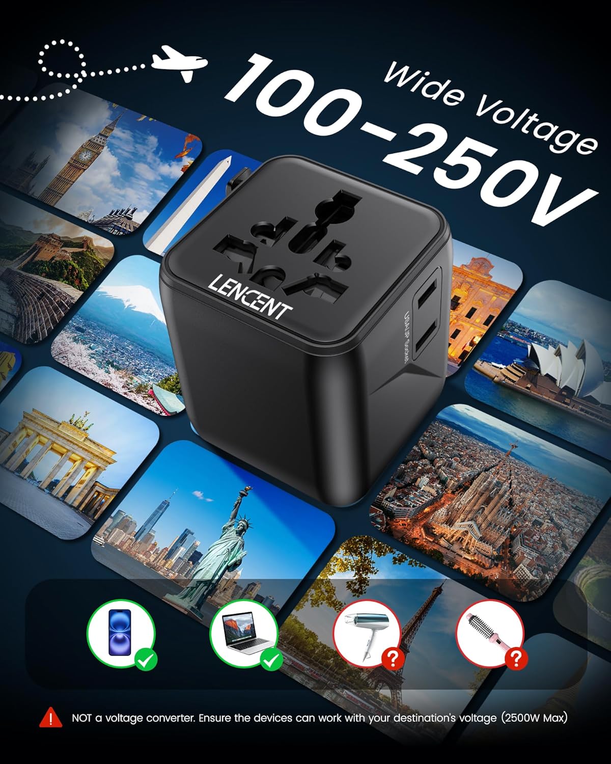 LENCENT Universal Travel Plug Adapter,International Power Adaptor with Dual AC Outlet, Worldwide Wall Charger for US to Europe UK Iceland Spain Italy France Australia(Type C/G/A/I),Black - Image 7